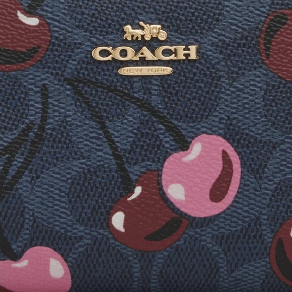 NEW Coach CZ347 Small Snap Bifold Wallet Signature Cherry Print Denim Blue NWT - Picture 7 of 8